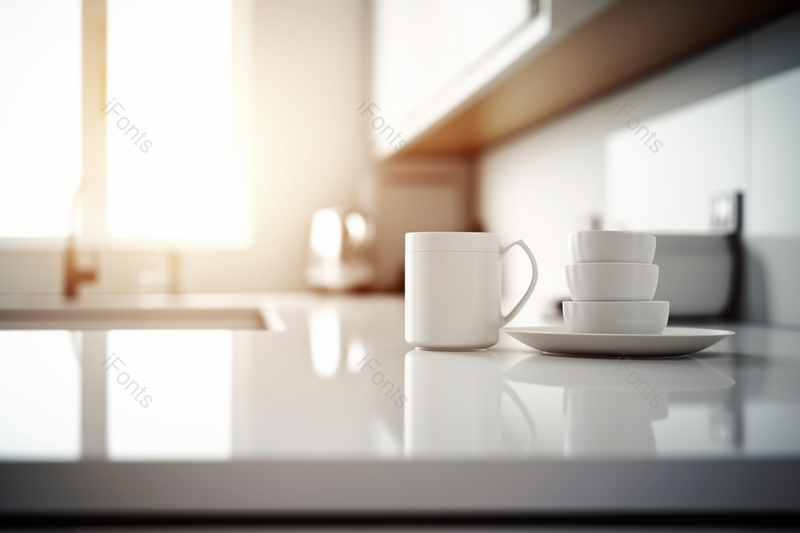 简约厨房操作台上的白色咖啡杯,高清,摄影图,摄影图片,图片大全,摄影图免费下载